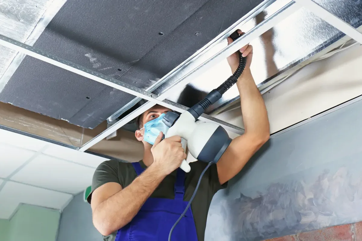 Worker in a mask cleaning a ceiling air duct with a handheld tool