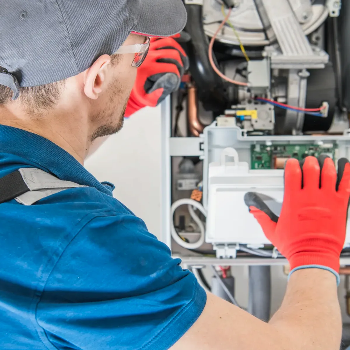 Technician in red gloves servicing a boiler's controls