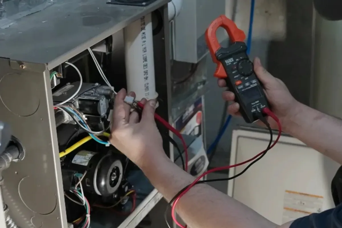 Technician testing a furnace's wiring with a clamp meter